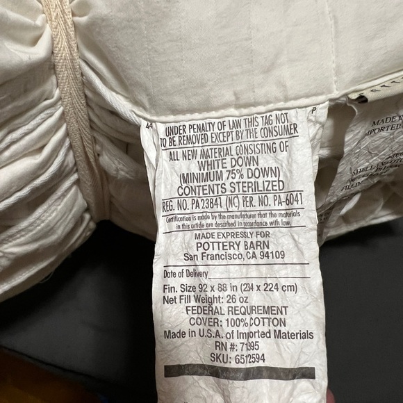 Pottery Barn 550 fp White Down Comforter Midweight Full/Queen - Picture 6 of 7